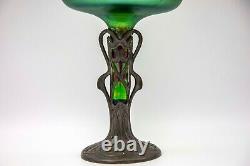 Antique 1900 Iridescent Loetz Art Glass Stem Vase Art Nouveau Pewter Mount