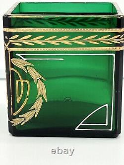 Antique 1900s Art Nouveau Green Glass Vase Josef Riedel Polaun Gold Enamel RARE