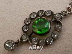Antique 1900s Lavalier Real Silver Green Diamante Paste Pendant Necklace