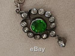 Antique 1900s Lavalier Real Silver Green Diamante Paste Pendant Necklace