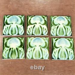 Antique 1900s Majolica Art Nouveau Tiles England Green Flower Six