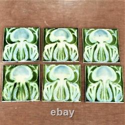 Antique 1900s Majolica Art Nouveau Tiles England Green Flower Six