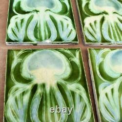 Antique 1900s Majolica Art Nouveau Tiles England Green Flower Six