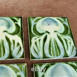 Antique 1900s Majolica Art Nouveau Tiles England Green Flower Six