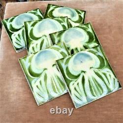 Antique 1900s Majolica Art Nouveau Tiles England Green Flower Six