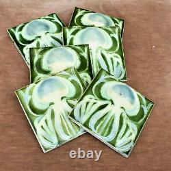 Antique 1900s Majolica Art Nouveau Tiles England Green Flower Six