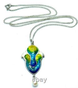 Antique 1909 Art Nouveau Sterling Silver Enamel Pearl Dangle Pendant Necklace