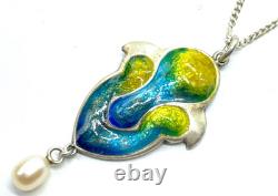 Antique 1909 Art Nouveau Sterling Silver Enamel Pearl Dangle Pendant Necklace