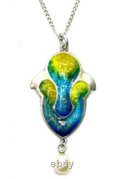 Antique 1909 Art Nouveau Sterling Silver Enamel Pearl Dangle Pendant Necklace