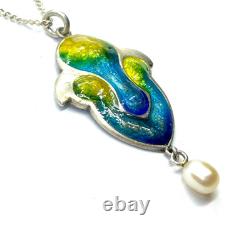Antique 1909 Art Nouveau Sterling Silver Enamel Pearl Dangle Pendant Necklace