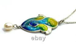 Antique 1909 Art Nouveau Sterling Silver Enamel Pearl Dangle Pendant Necklace