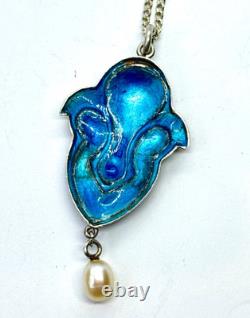 Antique 1909 Art Nouveau Sterling Silver Enamel Pearl Dangle Pendant Necklace
