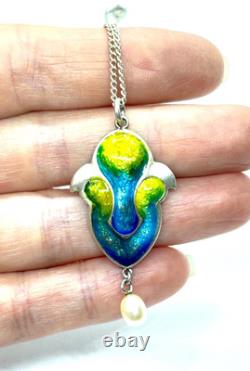 Antique 1909 Art Nouveau Sterling Silver Enamel Pearl Dangle Pendant Necklace