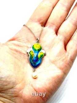 Antique 1909 Art Nouveau Sterling Silver Enamel Pearl Dangle Pendant Necklace