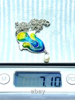 Antique 1909 Art Nouveau Sterling Silver Enamel Pearl Dangle Pendant Necklace