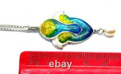 Antique 1909 Art Nouveau Sterling Silver Enamel Pearl Dangle Pendant Necklace