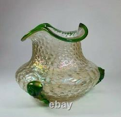 Antique 1910s KRALIK NAUTILUS Iridescent Mertele Art Glass Vase Green Rigaree