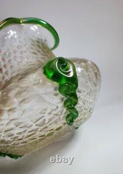 Antique 1910s KRALIK NAUTILUS Iridescent Mertele Art Glass Vase Green Rigaree