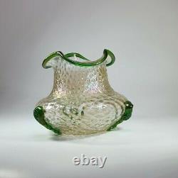 Antique 1910s KRALIK NAUTILUS Iridescent Mertele Art Glass Vase Green Rigaree