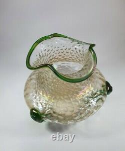 Antique 1910s KRALIK NAUTILUS Iridescent Mertele Art Glass Vase Green Rigaree