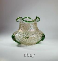 Antique 1910s KRALIK NAUTILUS Iridescent Mertele Art Glass Vase Green Rigaree