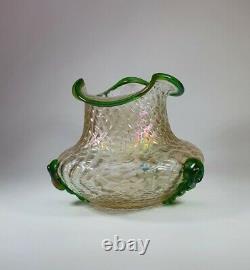 Antique 1910s KRALIK NAUTILUS Iridescent Mertele Art Glass Vase Green Rigaree