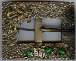 Antique 1920's Art Nouveau Ornate Griffin Green Glass Buckle Design Sash Pin