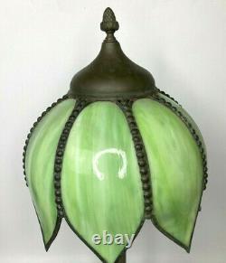 Antique 1920s Art Nouveau Green Slag Glass Table Lamp by Edward Miller