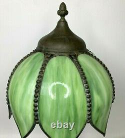 Antique 1920s Art Nouveau Green Slag Glass Table Lamp by Edward Miller
