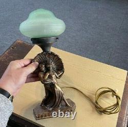 Antique 1930's Art Nouveau Lamp Couple with Light Green Shade Model 12