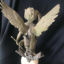 Antique 24 Cupid with Heart Arrow Flora Opalescent Pink Green 3 Trumpet Epergne
