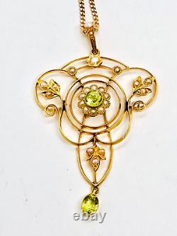 Antique 9ct Gold Art Nouveau Peridot/Seed Pearl Lavalier Pendant 18ct Gold Chain