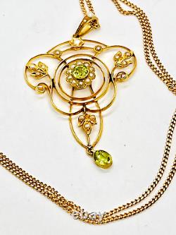 Antique 9ct Gold Art Nouveau Peridot/Seed Pearl Lavalier Pendant 18ct Gold Chain