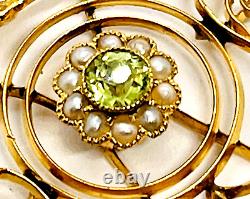 Antique 9ct Gold Art Nouveau Peridot/Seed Pearl Lavalier Pendant 18ct Gold Chain