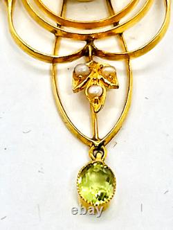 Antique 9ct Gold Art Nouveau Peridot/Seed Pearl Lavalier Pendant 18ct Gold Chain