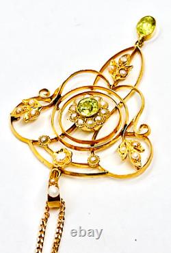 Antique 9ct Gold Art Nouveau Peridot/Seed Pearl Lavalier Pendant 18ct Gold Chain