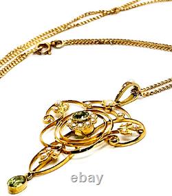 Antique 9ct Gold Art Nouveau Peridot/Seed Pearl Lavalier Pendant 18ct Gold Chain