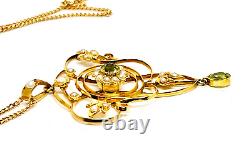 Antique 9ct Gold Art Nouveau Peridot/Seed Pearl Lavalier Pendant 18ct Gold Chain