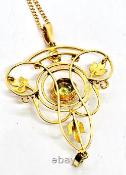 Antique 9ct Gold Art Nouveau Peridot/Seed Pearl Lavalier Pendant 18ct Gold Chain