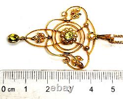 Antique 9ct Gold Art Nouveau Peridot/Seed Pearl Lavalier Pendant 18ct Gold Chain