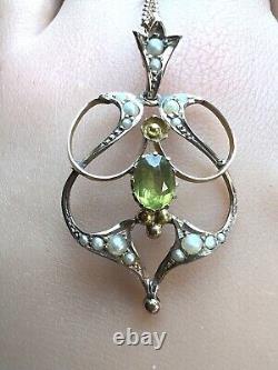 Antique 9ct Gold Seed Pearl & Peridot Pendant Necklace Art Nouveau 21 1/2 Chain