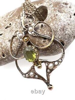 Antique 9ct Gold Seed Pearl & Peridot Pendant Necklace Art Nouveau 21 1/2 Chain