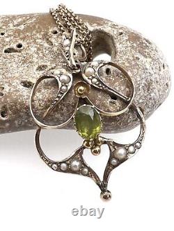 Antique 9ct Gold Seed Pearl & Peridot Pendant Necklace Art Nouveau 21 1/2 Chain