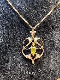 Antique 9ct Gold Seed Pearl & Peridot Pendant Necklace Art Nouveau 21 1/2 Chain