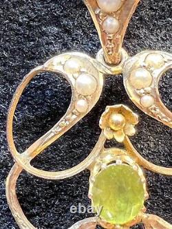 Antique 9ct Gold Seed Pearl & Peridot Pendant Necklace Art Nouveau 21 1/2 Chain