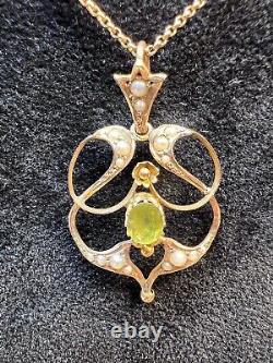 Antique 9ct Gold Seed Pearl & Peridot Pendant Necklace Art Nouveau 21 1/2 Chain
