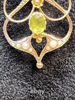 Antique 9ct Gold Seed Pearl & Peridot Pendant Necklace Art Nouveau 21 1/2 Chain