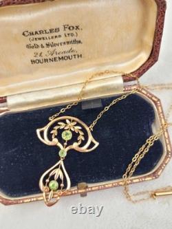 Antique 9k Gold Peridot European Art Nouveau Victorian Lavalier Necklace
