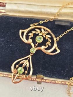 Antique 9k Gold Peridot European Art Nouveau Victorian Lavalier Necklace