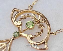 Antique 9k Gold Peridot European Art Nouveau Victorian Lavalier Necklace